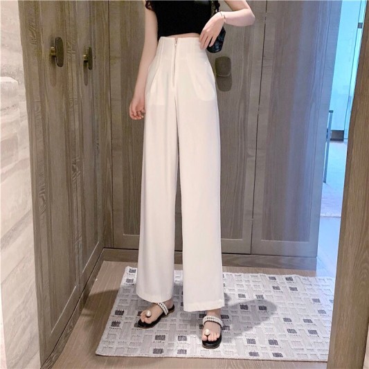 白色高腰拉链直筒西装裤